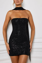 Chic Embellished Scarf-Detail Mini Dress in Black
