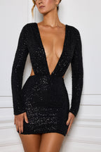 Chic Embellished Cut-Out Mini Dress in Black