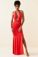 Chic Halterneck Cut-Out Maxi Dress in Scarlet