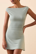 Chic Modal Off-Shoulder Ruched A-Line Mini Dress in Smoke Green