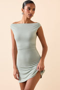 Chic Modal Off-Shoulder Ruched A-Line Mini Dress in Smoke Green