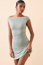 Chic Modal Off-Shoulder Ruched A-Line Mini Dress in Smoke Green