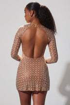 Chic Embellished Semi-Sheer Cut-Out Mini Dress in Honey