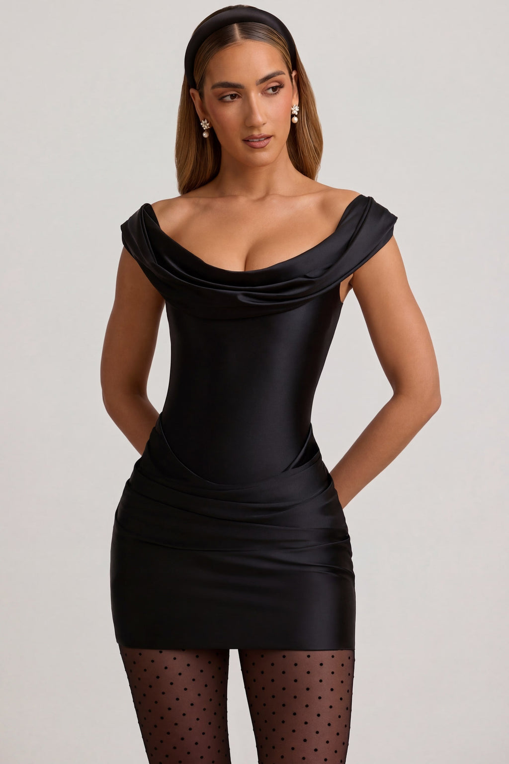 Chic Satin Off-Shoulder Draped Mini Dress in Black