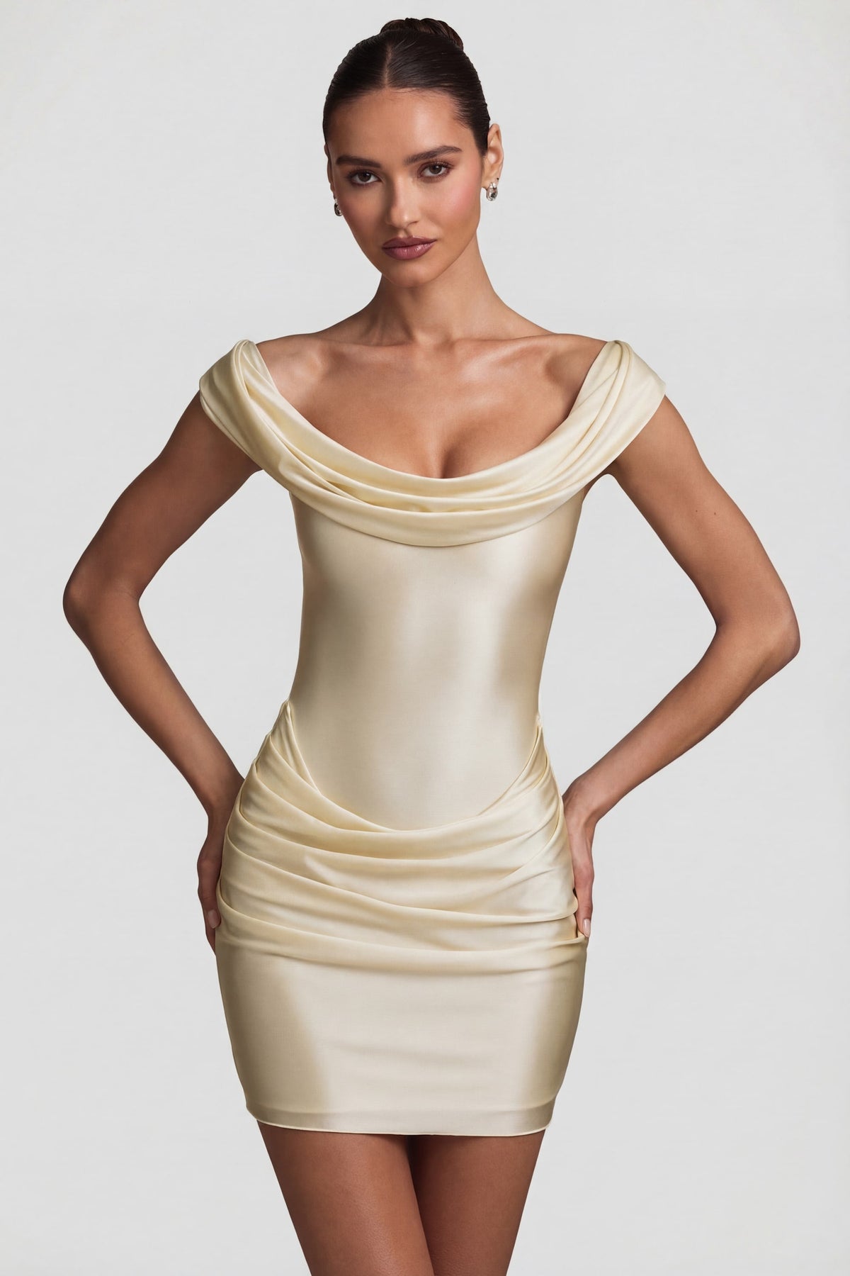 Chic Satin Off-Shoulder Draped Mini Dress in Pearl