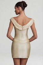 Chic Satin Off-Shoulder Draped Mini Dress in Pearl