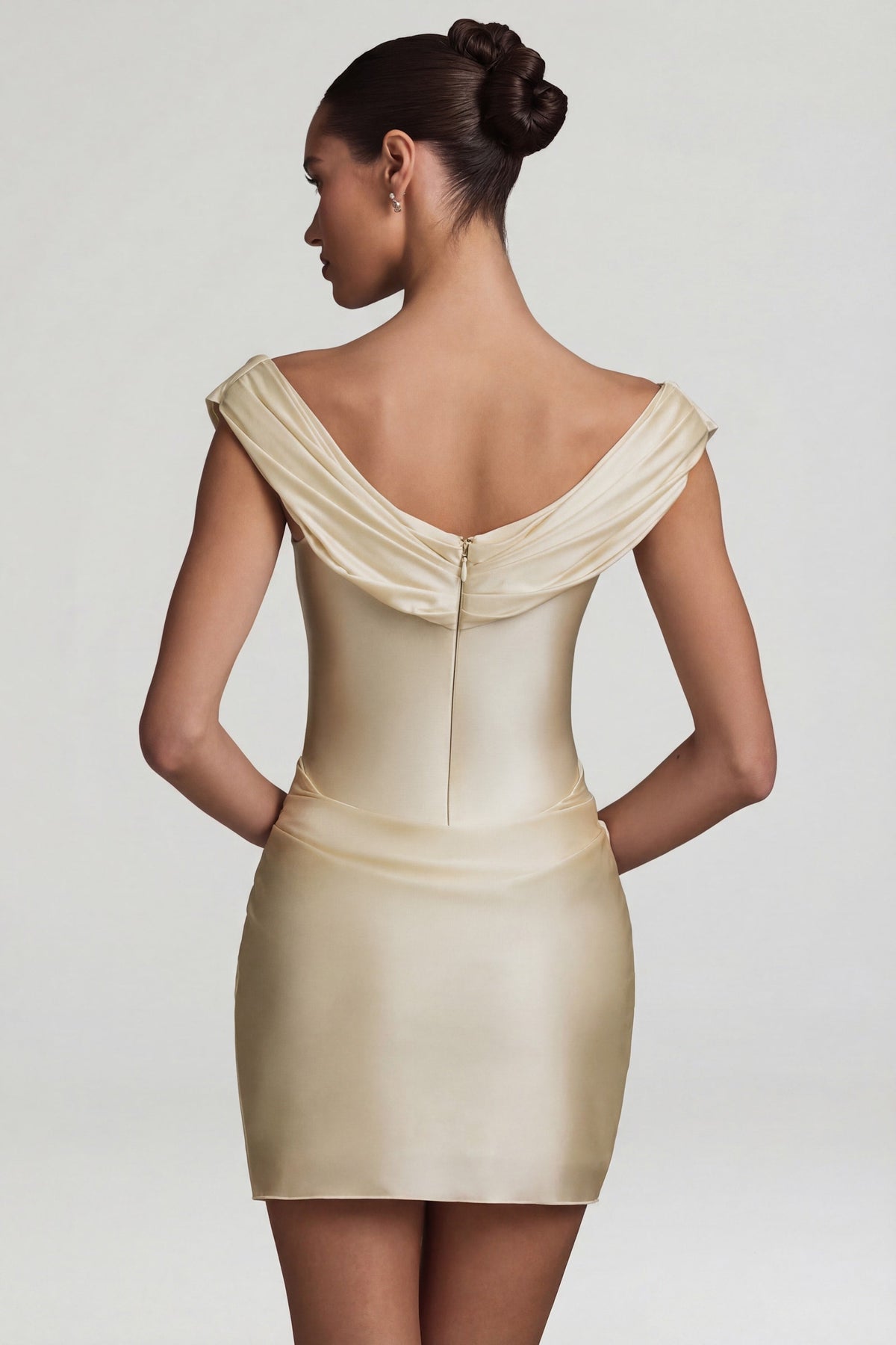Chic Satin Off-Shoulder Draped Mini Dress in Pearl