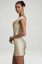Chic Satin Off-Shoulder Draped Mini Dress in Pearl