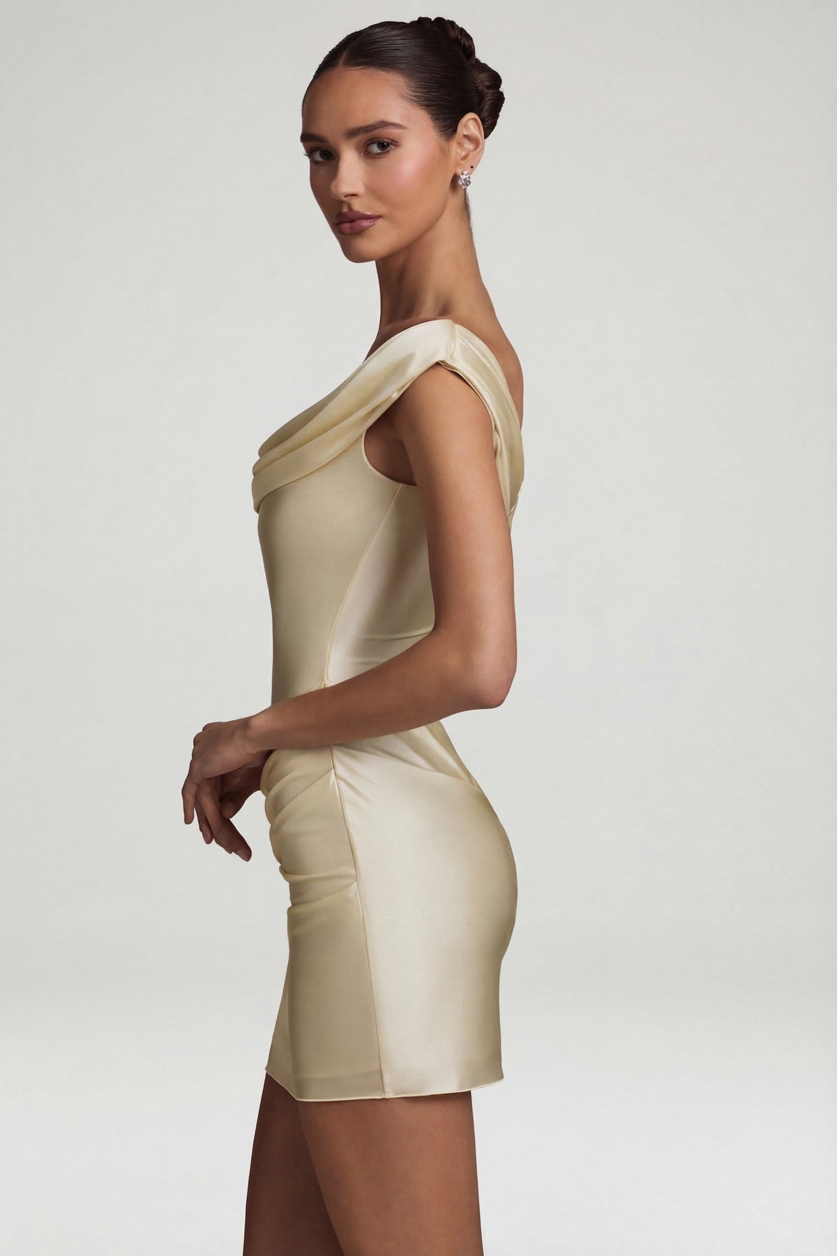 Chic Satin Off-Shoulder Draped Mini Dress in Pearl