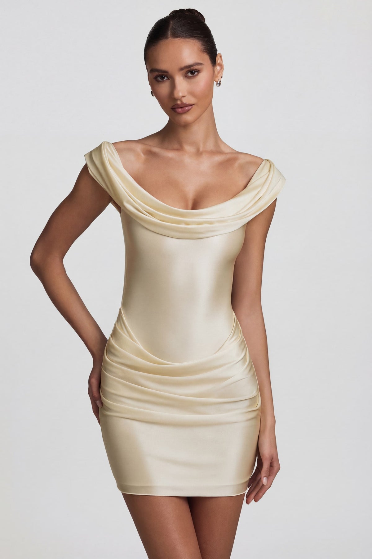 Chic Satin Off-Shoulder Draped Mini Dress in Pearl