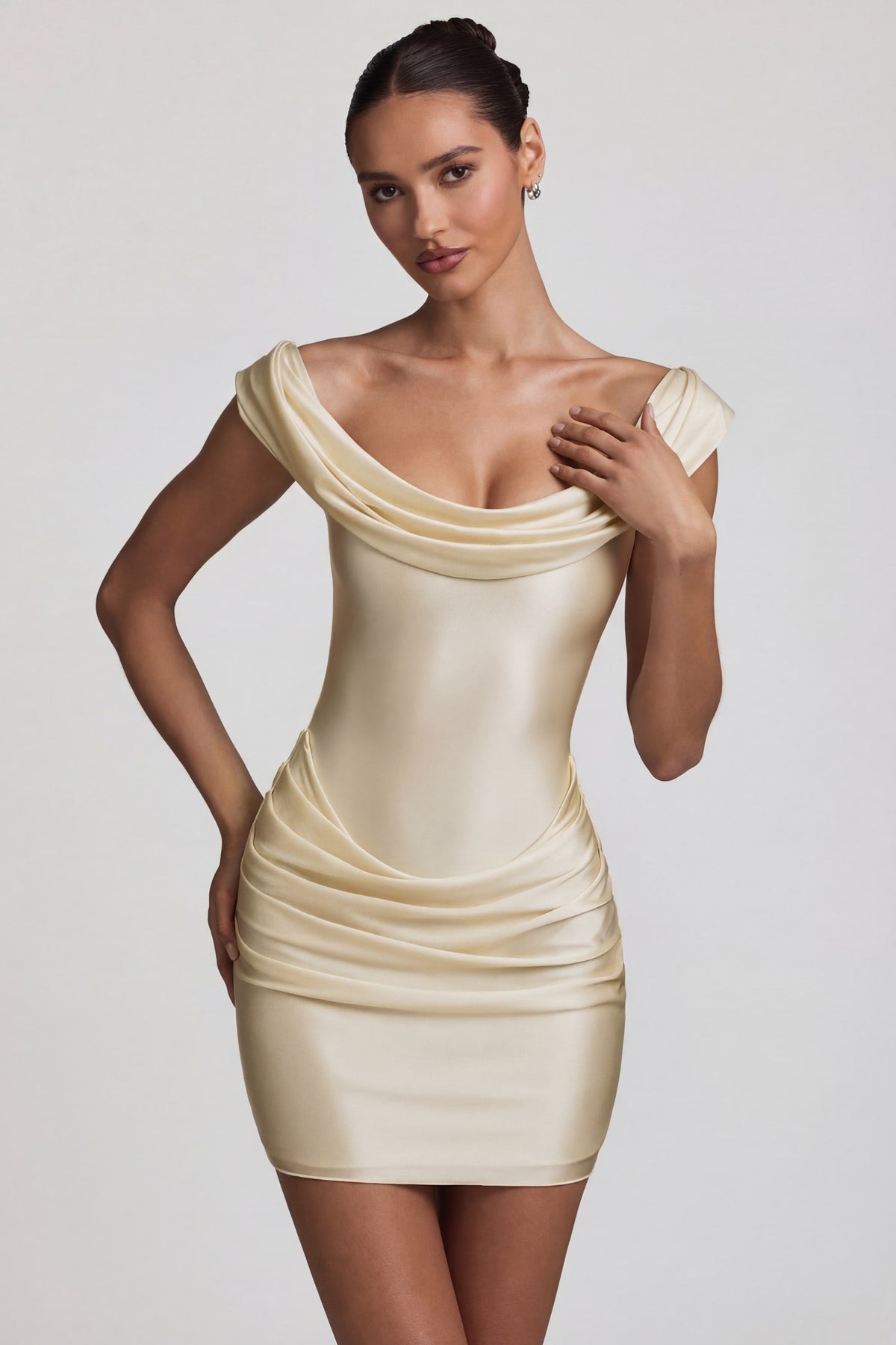 Chic Satin Off-Shoulder Draped Mini Dress in Pearl