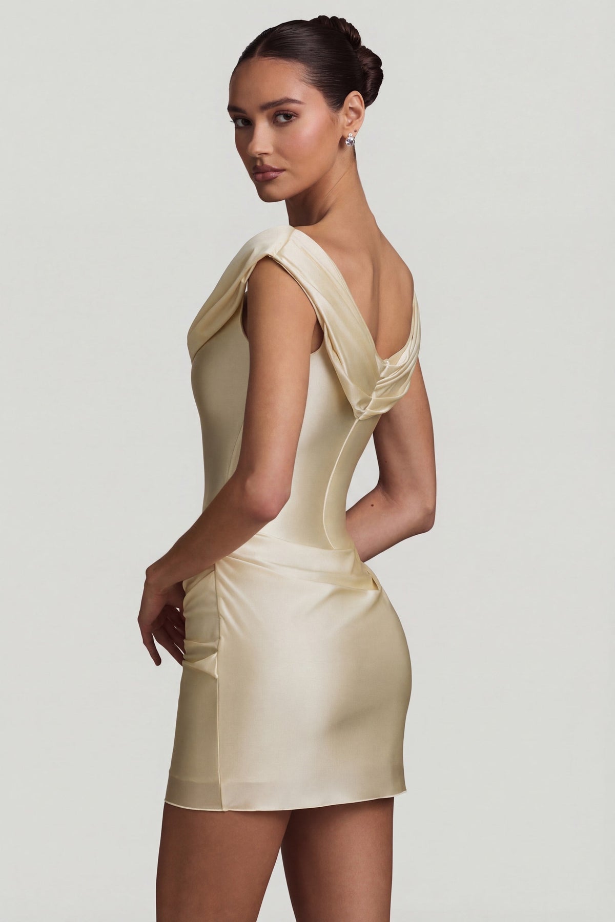 Chic Satin Off-Shoulder Draped Mini Dress in Pearl