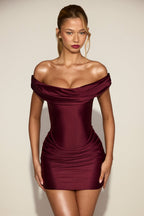 Chic Satin Off-Shoulder Draped Mini Dress in Wine Red