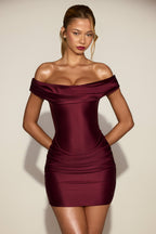 Chic Satin Off-Shoulder Draped Mini Dress in Wine Red