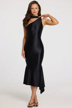 Chic Asymmetric Scarf-Detail Midaxi Dress in Black
