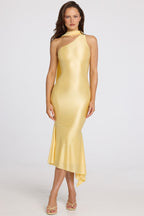 Chic Asymmetric Scarf-Detail Midaxi Dress in Butter Yellow