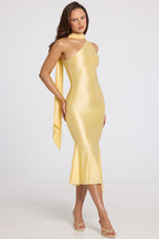 Chic Asymmetric Scarf-Detail Midaxi Dress in Butter Yellow