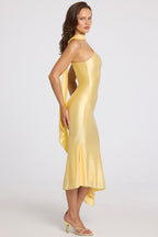 Chic Asymmetric Scarf-Detail Midaxi Dress in Butter Yellow