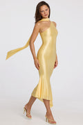 Chic Asymmetric Scarf-Detail Midaxi Dress in Butter Yellow