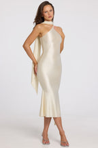 Chic Asymmetric Scarf-Detail Midaxi Dress in Ivory