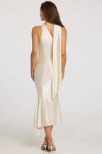 Chic Asymmetric Scarf-Detail Midaxi Dress in Ivory