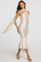 Chic Asymmetric Scarf-Detail Midaxi Dress in Ivory