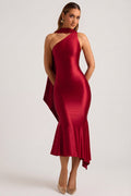 Chic Asymmetric Scarf-Detail Midaxi Dress in True Red