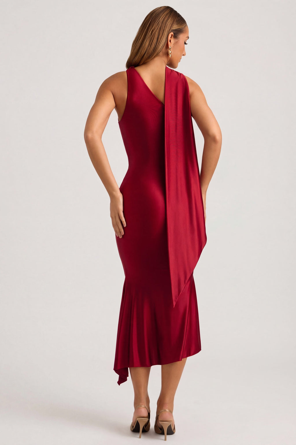 Chic Asymmetric Scarf-Detail Midaxi Dress in True Red