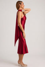 Chic Asymmetric Scarf-Detail Midaxi Dress in True Red