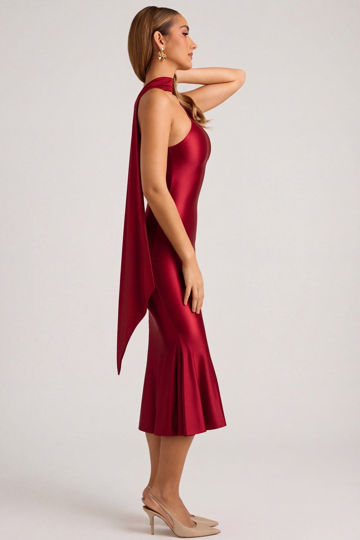 Chic Asymmetric Scarf-Detail Midaxi Dress in True Red