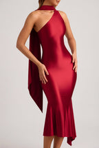 Chic Asymmetric Scarf-Detail Midaxi Dress in True Red