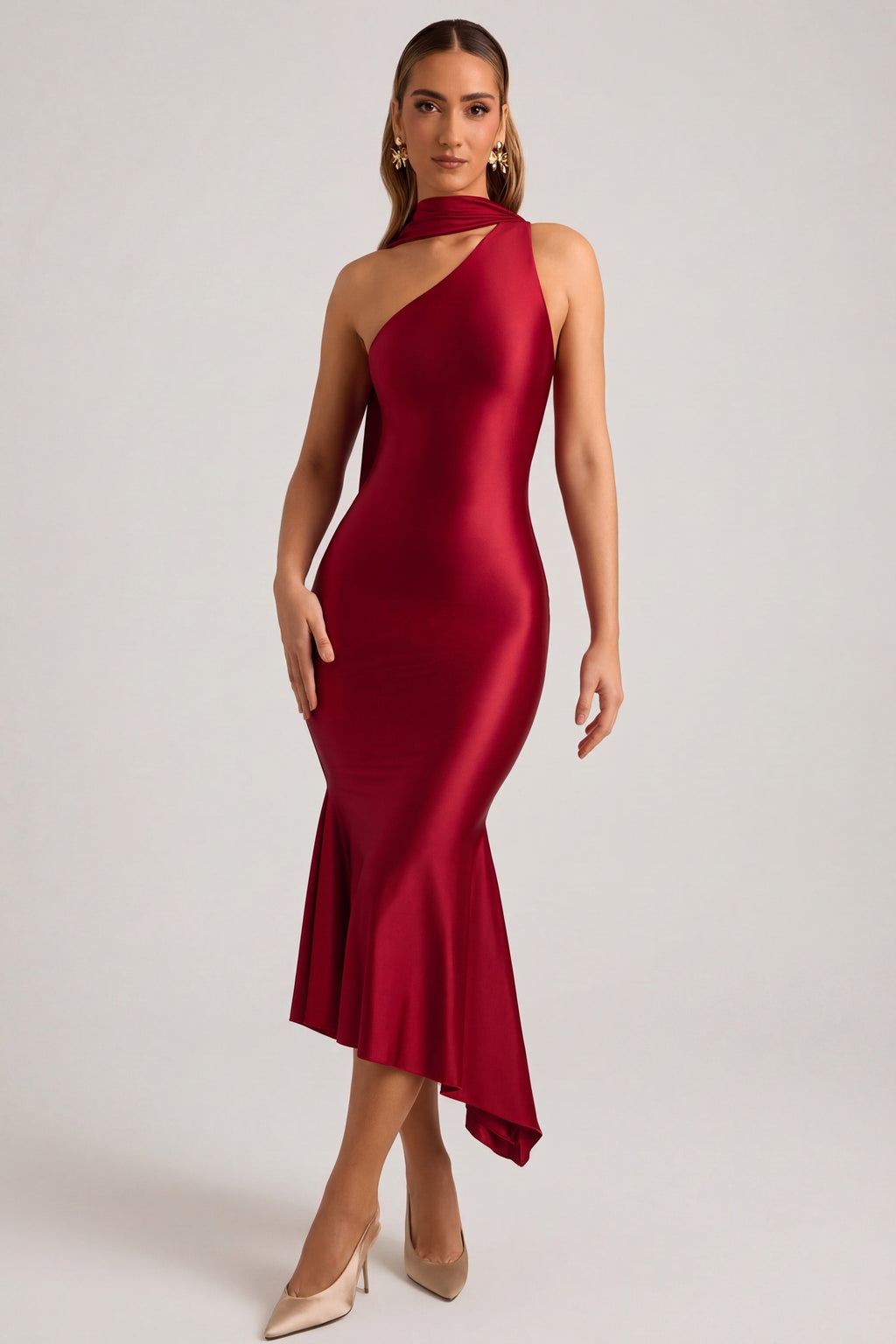 Chic Asymmetric Scarf-Detail Midaxi Dress in True Red