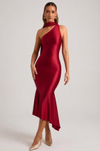 Chic Asymmetric Scarf-Detail Midaxi Dress in True Red