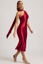 Chic Asymmetric Scarf-Detail Midaxi Dress in True Red