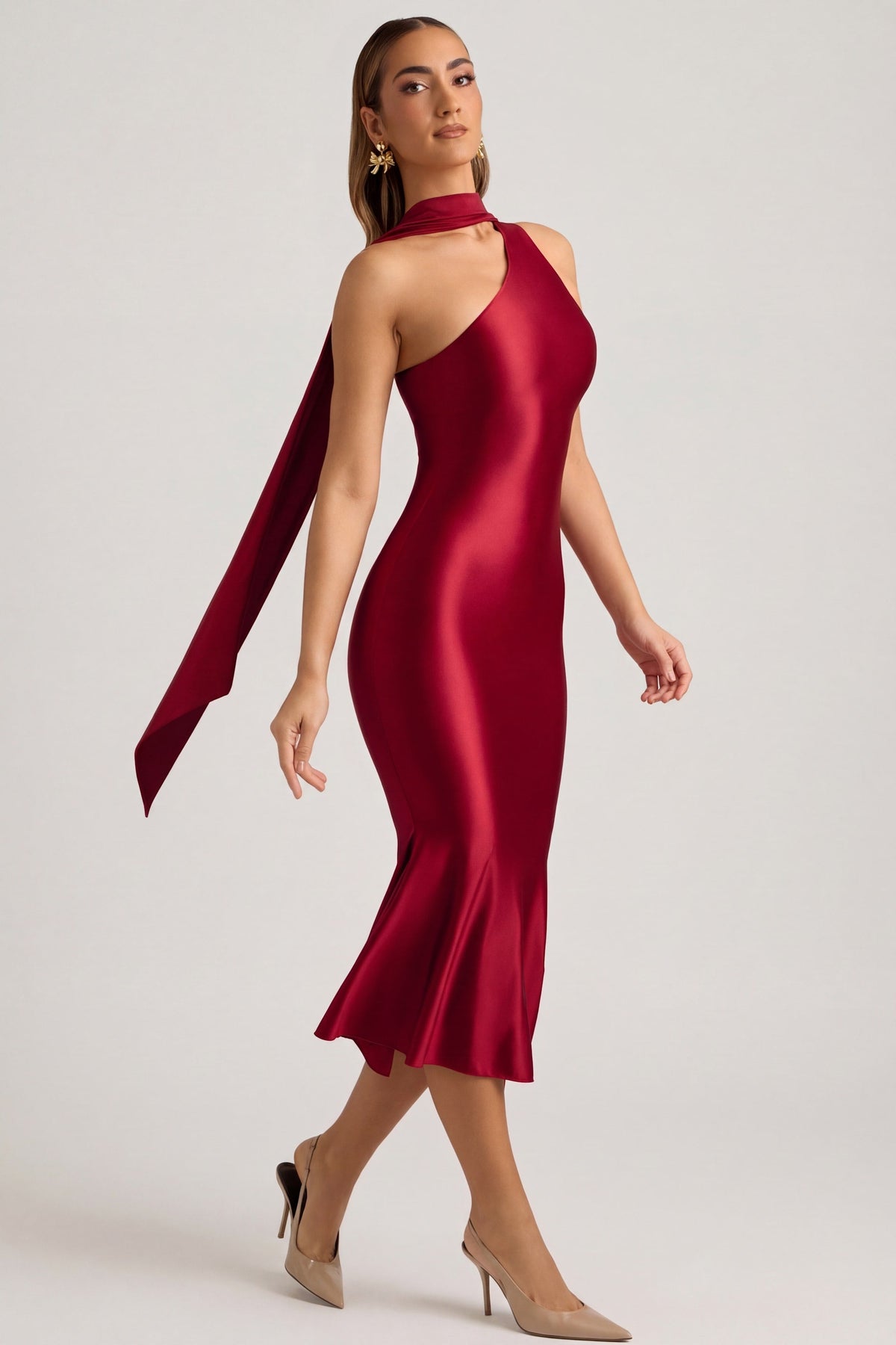Chic Asymmetric Scarf-Detail Midaxi Dress in True Red