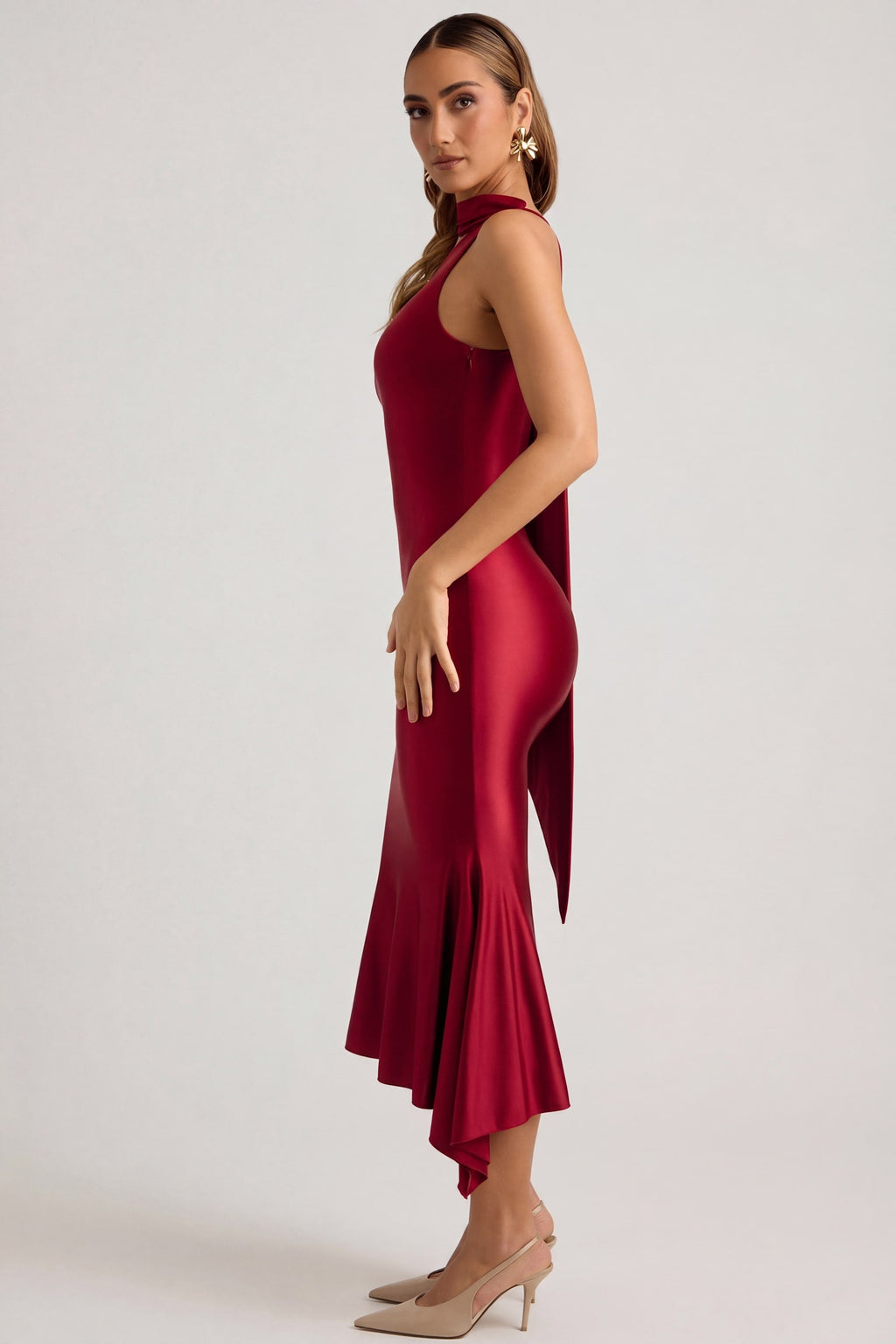 Chic Asymmetric Scarf-Detail Midaxi Dress in True Red