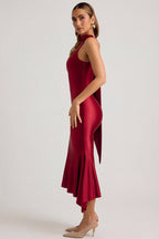 Chic Asymmetric Scarf-Detail Midaxi Dress in True Red