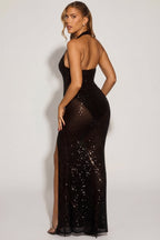 Chic Embellished Halterneck Corset Gown in Black