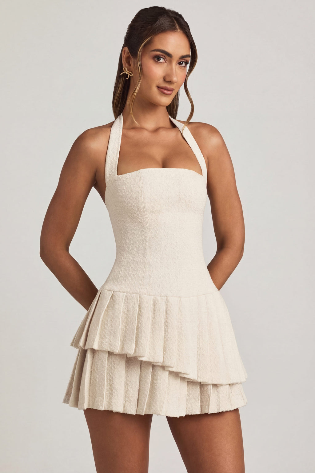 Chic Asymmetric Layered Halterneck Mini Dress in Ivory