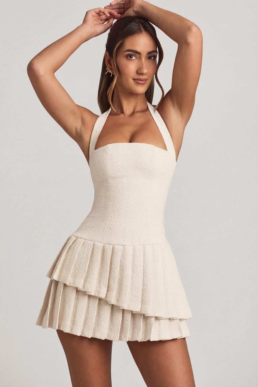 Chic Asymmetric Layered Halterneck Mini Dress in Ivory
