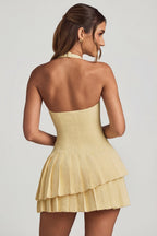Chic Asymmetric Layered Halterneck Mini Dress in Pastel Yellow