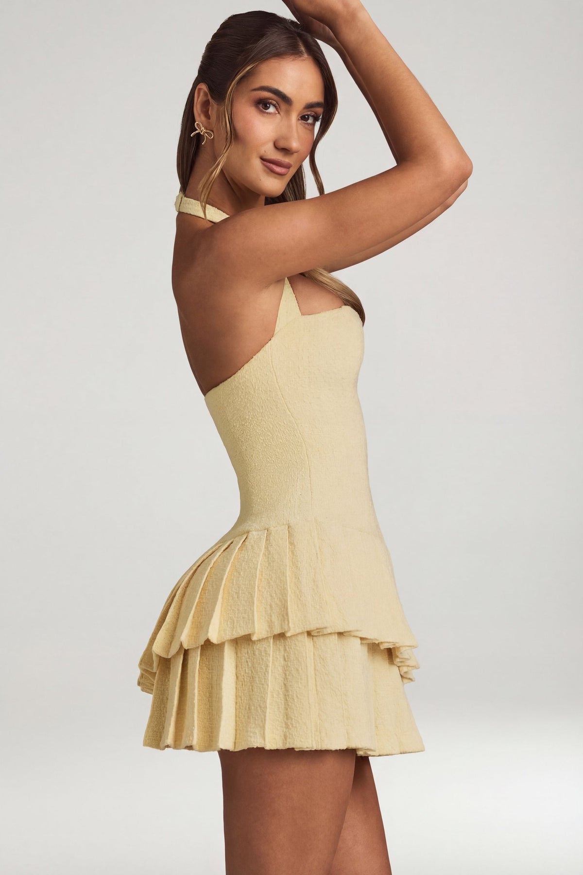 Chic Asymmetric Layered Halterneck Mini Dress in Pastel Yellow