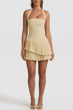Chic Asymmetric Layered Halterneck Mini Dress in Pastel Yellow