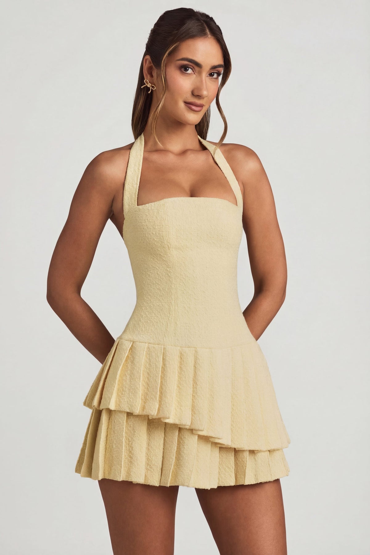 Chic Asymmetric Layered Halterneck Mini Dress in Pastel Yellow