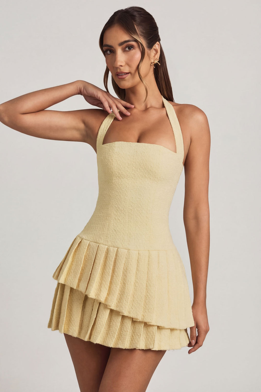 Chic Asymmetric Layered Halterneck Mini Dress in Pastel Yellow