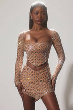 Chic Embellished Asymmetric Crop Top in Honey