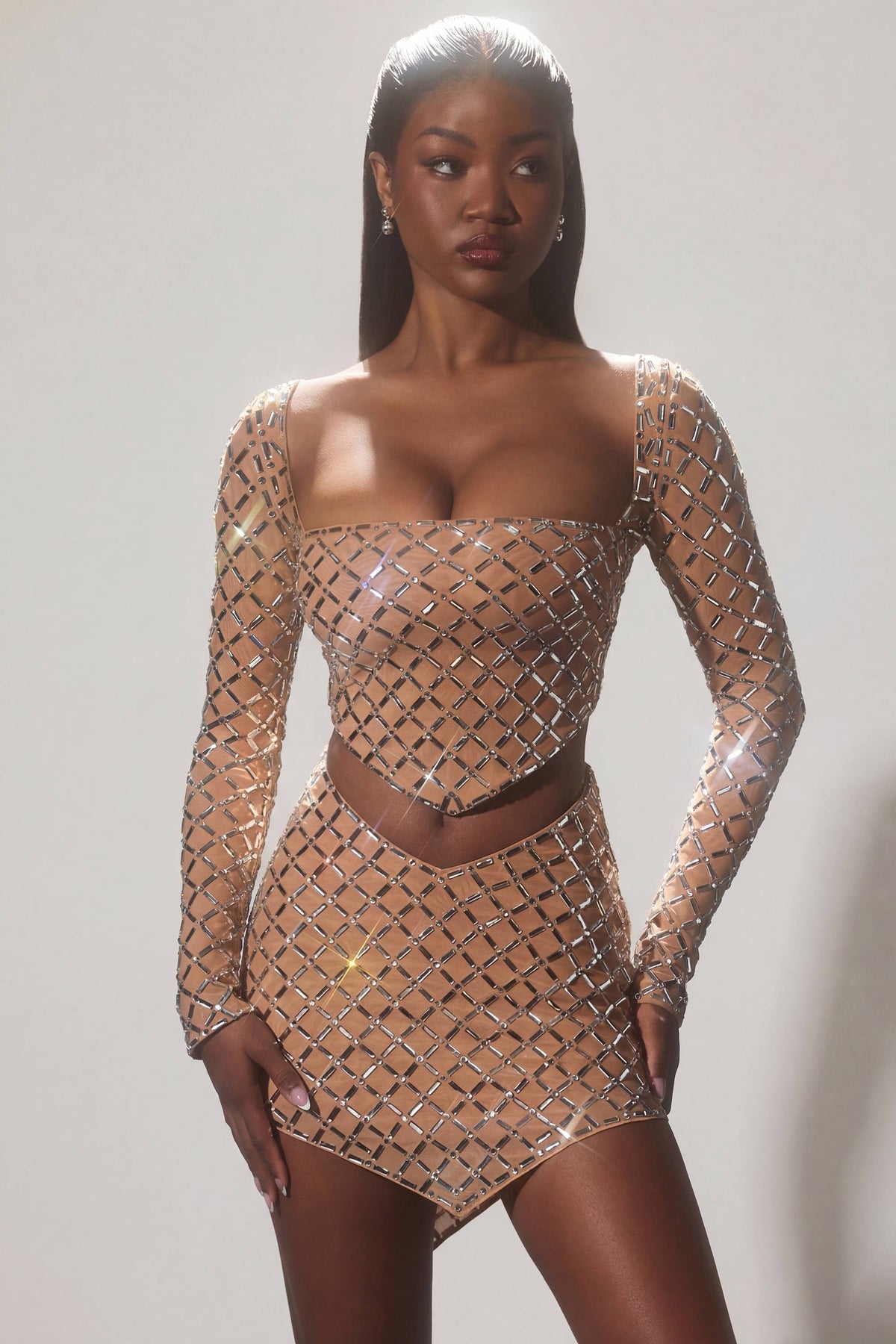 Chic Embellished Asymmetric Crop Top in Honey