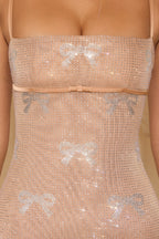 Chic Embellished Bow-Detail Mini Dress in Honey