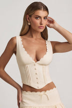 Chic Plunge-Neck Scalloped Corset Top in Ivory