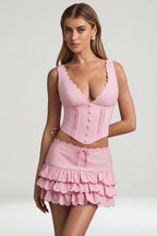 Chic Layered Ruffled Low-Rise Mini Skirt in Soft Pink